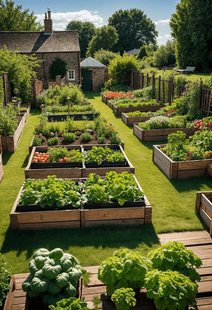 Raised edible garden beds with vegetables and herbs