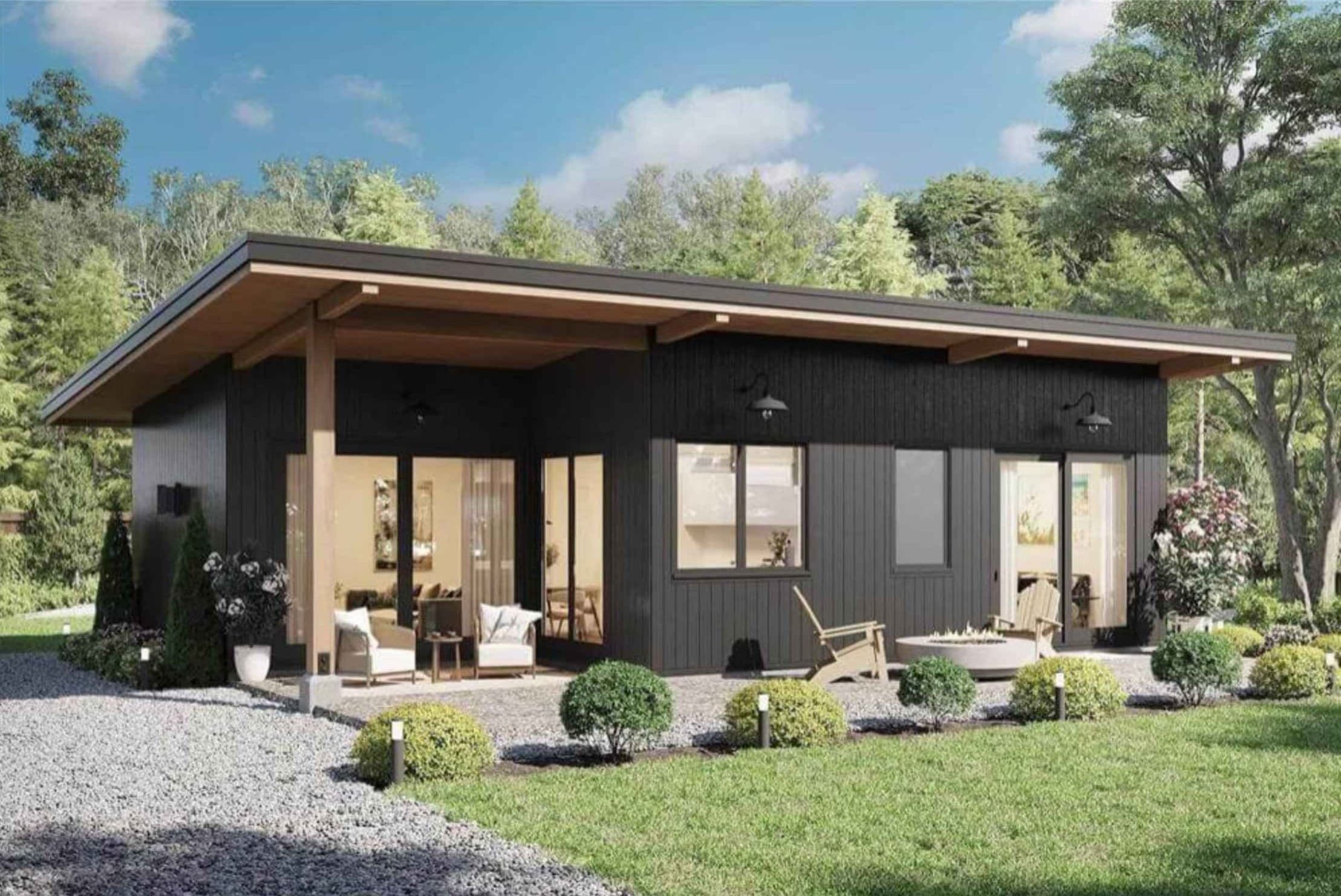 Single-storey villa elevation with a low sloped roof and garden frontage