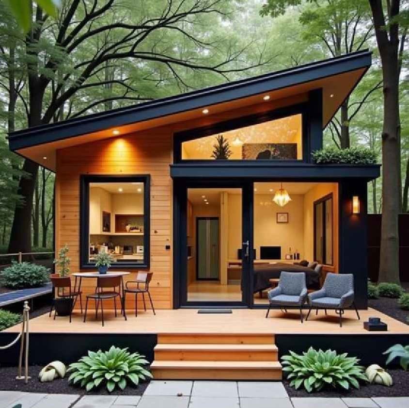 Compact villa elevation with a covered deck in a landscaped setting