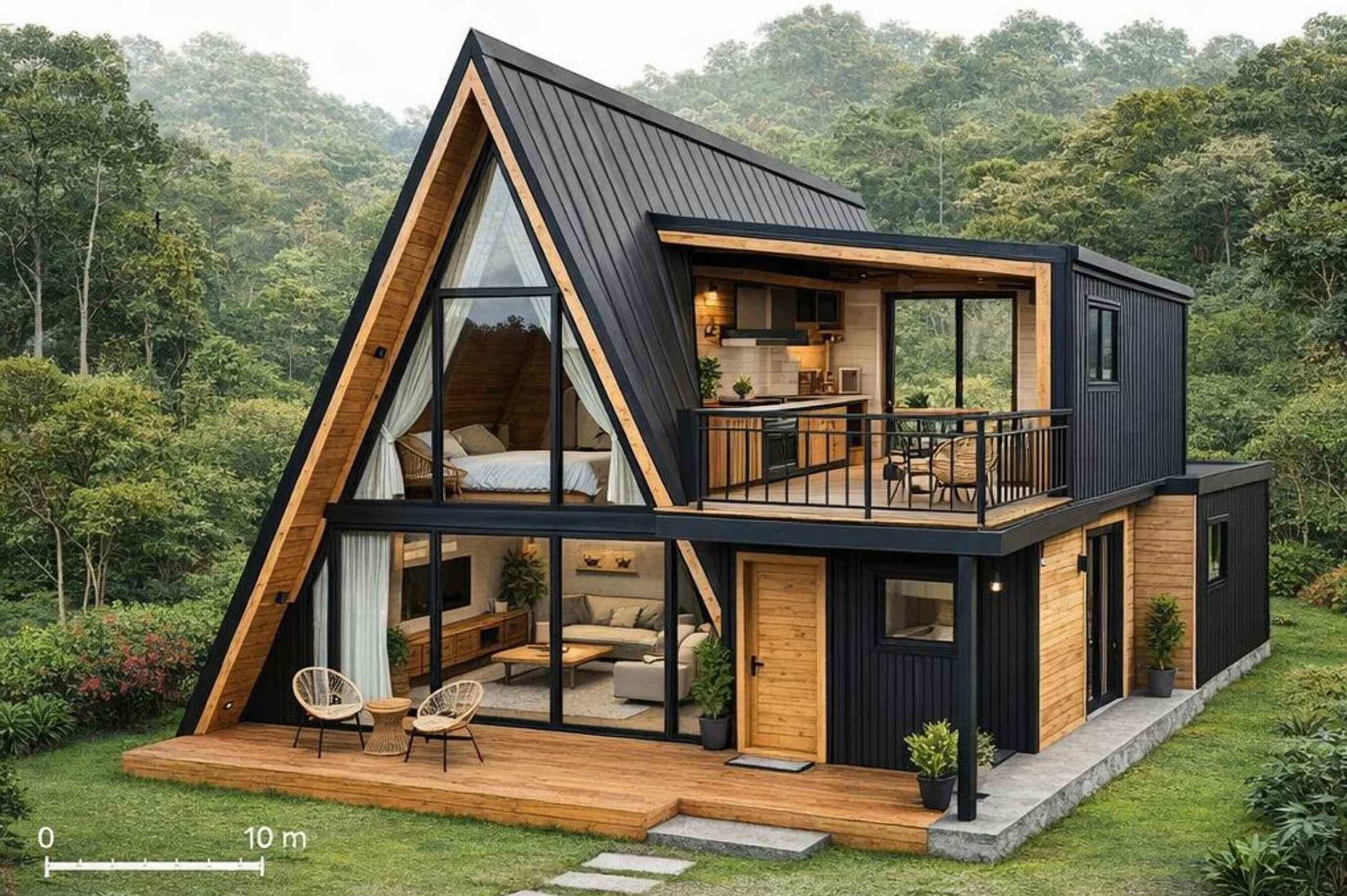 A-frame villa elevation with glass frontage and timber accents