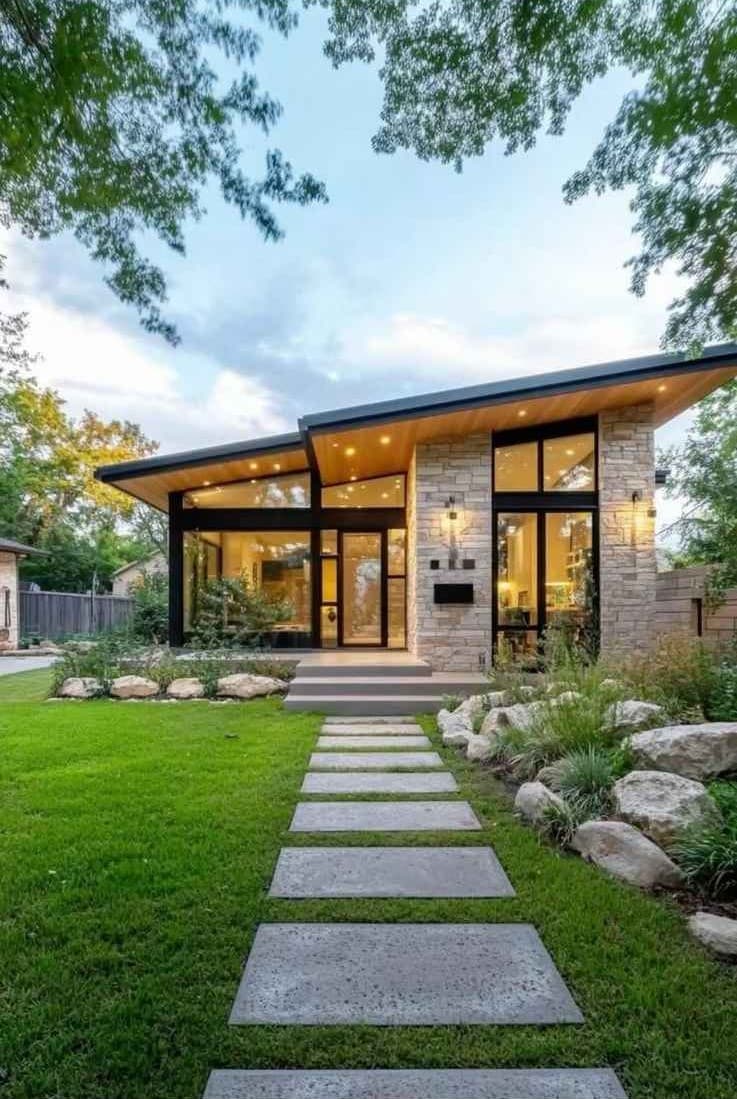 Villa elevation with a black facade and open garden-facing deck