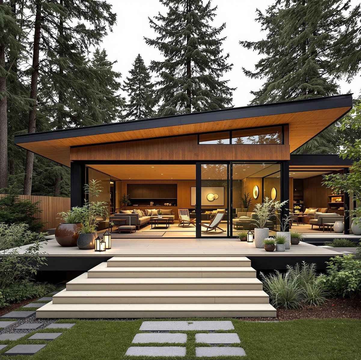 Modern compact villa elevation surrounded by dense greenery